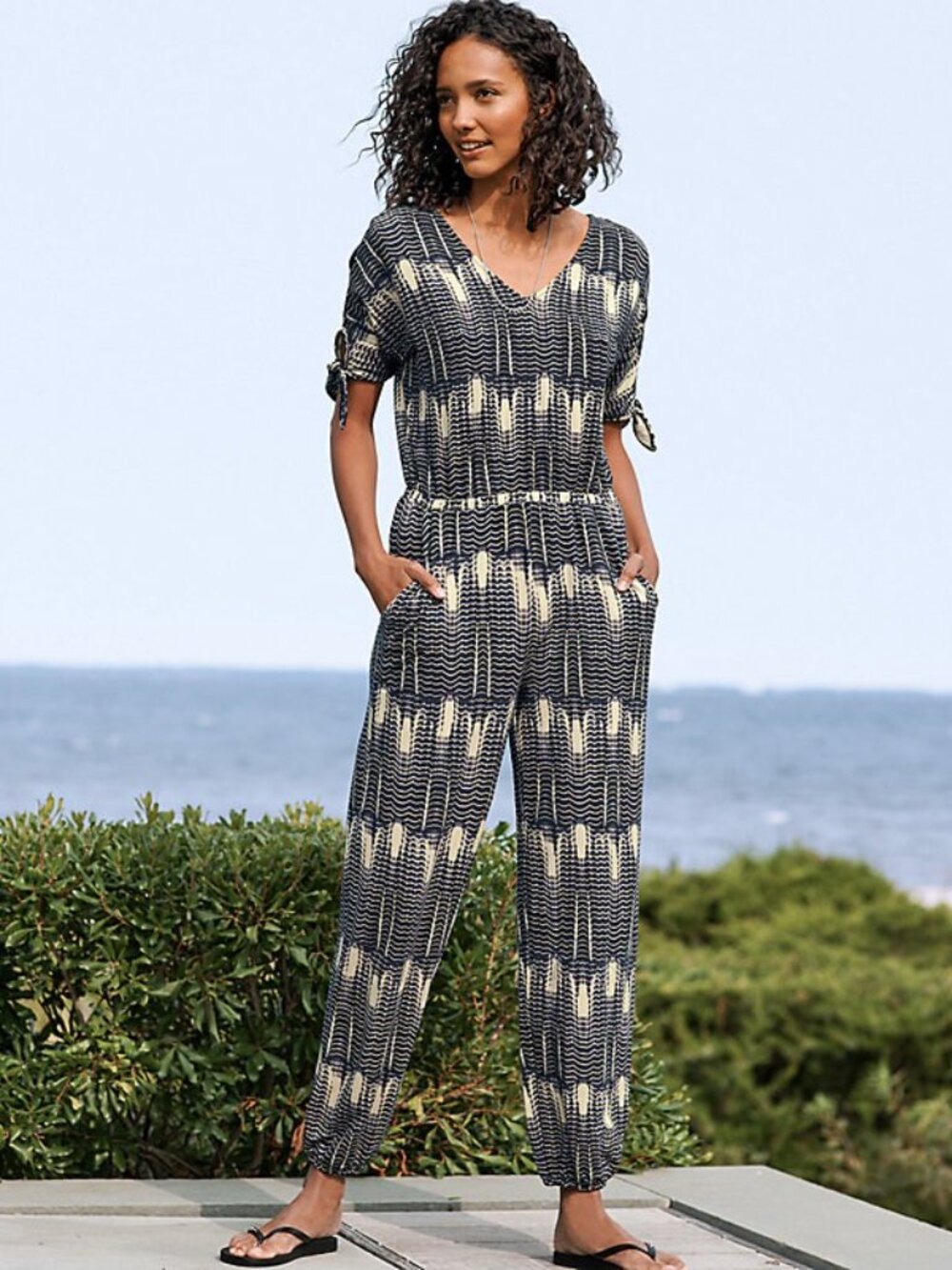 Garnet Hill Tie-Sleeve Knit Jumpsuit L
